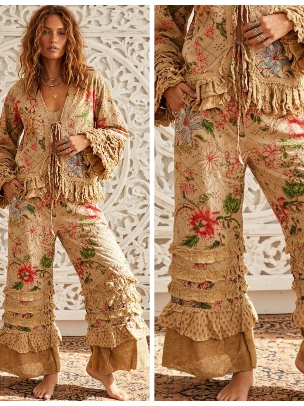 Rare Bird Tattered Flower Ruffle Wide-Leg Pants